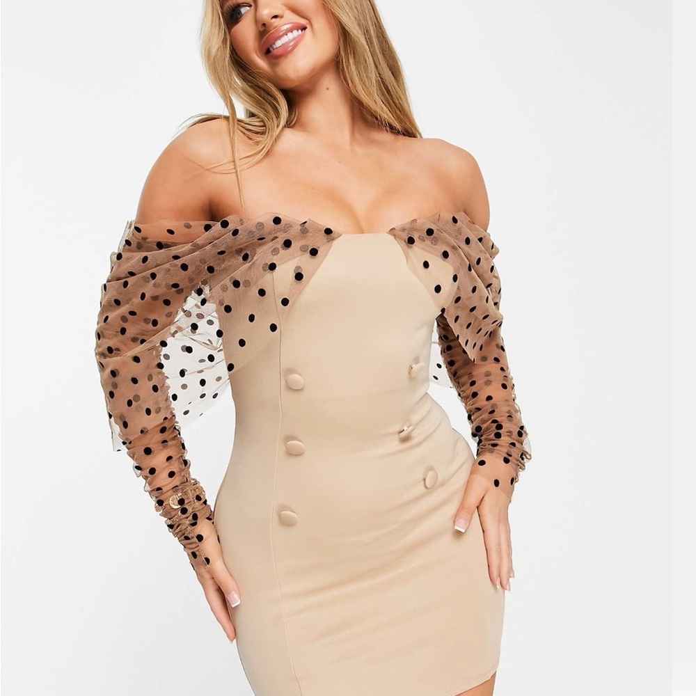 Nude/Beige Bodycon Mini Dress with Polka Dot Mesh Sleeves